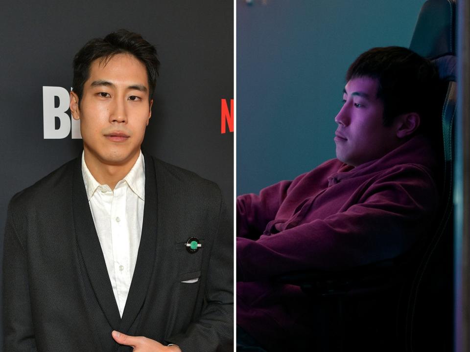 left: young mazino at the beef premiere wearing a white shirt and black suit; right: young mazino as paul in beef, a young man sitting in a desk chair with multicolored lights from a computer illuminating his face