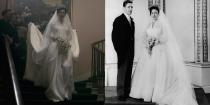 <p>Princess Margaret's Norman Hartwell wedding dress was recreated almost to a T. Costume designer Jane Petrie said the dress was made in a rush in one week without even so much as a fitting <a href="https://www.vanityfair.com/london/photos/2019/01/the-crown-costume-design-jane-petrie" rel="nofollow noopener" target="_blank" data-ylk="slk:in a 2019 interview;elm:context_link;itc:0;sec:content-canvas" class="link ">in a 2019 interview</a>. </p>