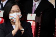 Taiwan President Tsai Ing-wen greets the crowd during National Day celebrations in front of the Presidential Building in Taipei