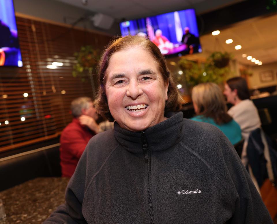 Judy Sullivan after she was re-elected for school committee on Tuesday, Nov. 8, 2023 and celebrated at Tommy Doyle's at Sidelines.