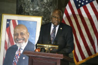House Majority Whip James Clyburn, D-S.C., speaks during a Celebration of Life for Rep. Alcee Hastings, D-Fla., in Statuary Hall on Capitol Hill in Washington, Wednesday, April 21, 2021. Hastings died earlier this month, aged 84, following a battle with pancreatic cancer. (Tasos Katopodis/Pool via AP)