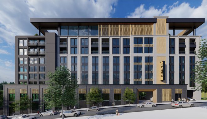 A rendering of "Tribute Hotel," a  eight-story hotel approved for 68 Carter St.