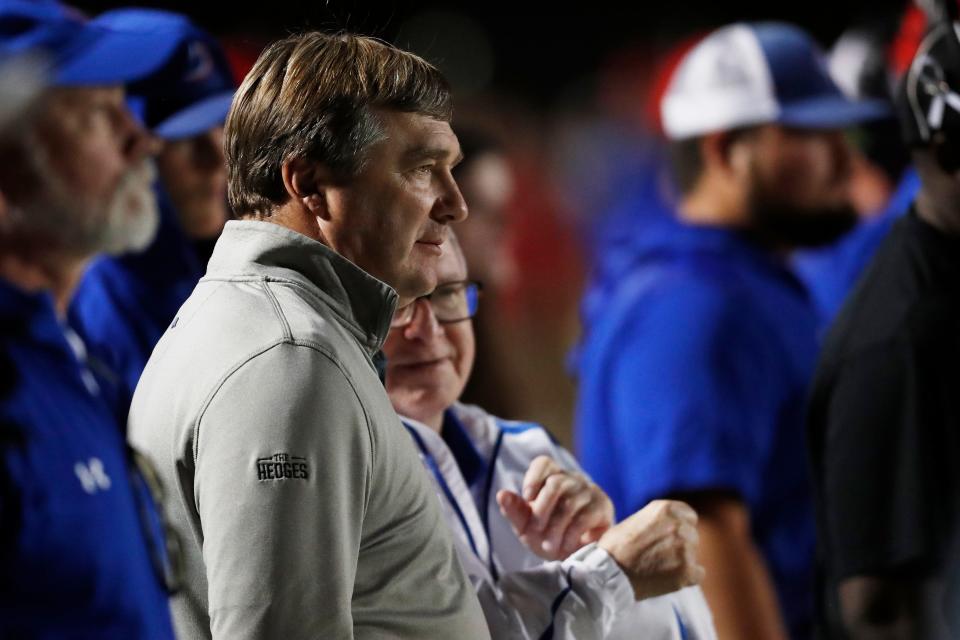 Georgia head coach Kirby Smart looks on from the Jefferson sideline during a GHSA high school football game between Jefferson and Clarke Central in Athens, Ga., on Friday, Sept. 23, 2022. 