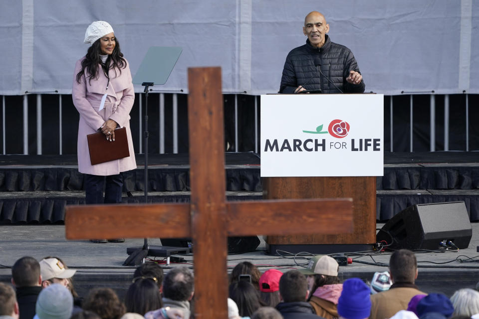 Former NFL football coach Tony Dungy speaks during the March for Life rally, Friday, Jan. 20, 2023, in Washington. (AP Photo/Patrick Semansky)