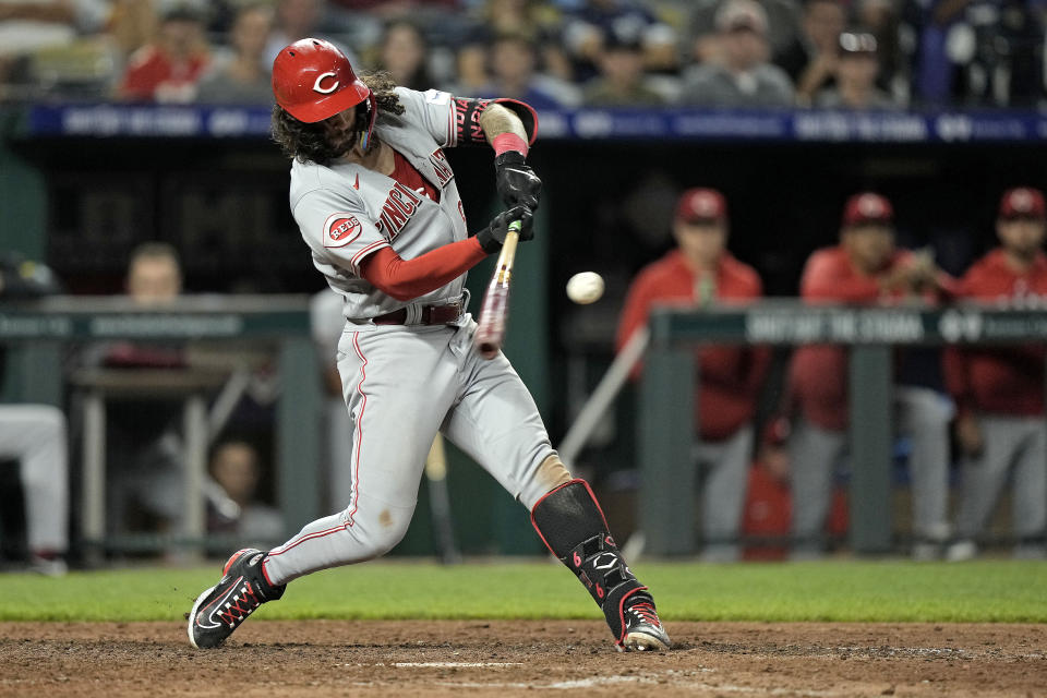 Cincinnati Reds' Jonathan India hits a fielders choice to score the winning run during the tenth inning of a baseball game against the Kansas City Royals Monday, June 12, 2023, in Kansas City, Mo. The Reds won 5-4 in ten innings. (AP Photo/Charlie Riedel)