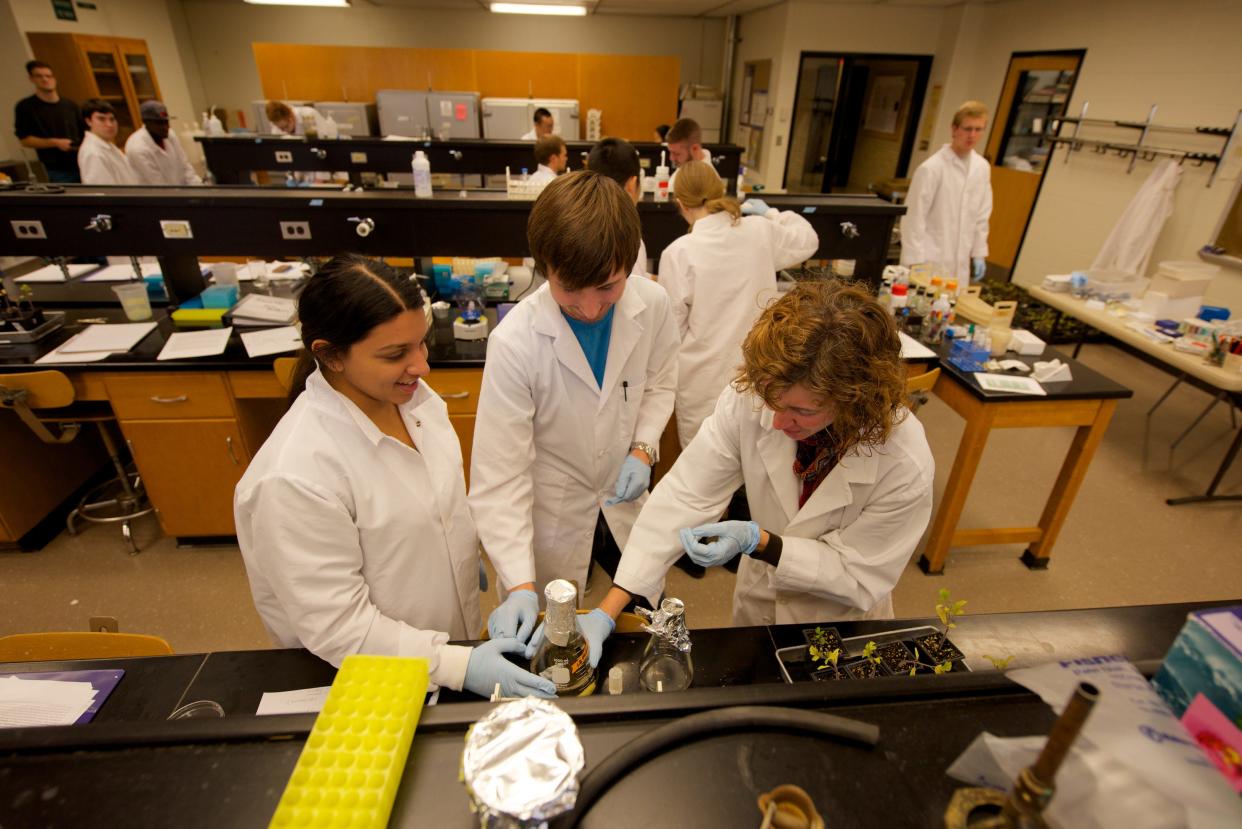 College of Wooster students work together in the lab with Stephanie Strand, associate professor of biology and biochemistry and molecular biology.
