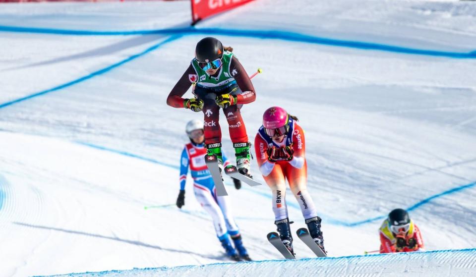 Canada's India Sherret, front, skied to gold at the ski cross World Cup on Friday in Alleghe, Italy. (Submitted by Alpine Canada - image credit)