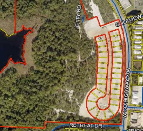 A Walton County tax map shows the 31 lots laid out for Bluewater Landing, a massively scaled-back residential plan for a 35-acre tract on Walton County Road 30A. To the left of the lots, up to the edge of Draper Lake, is a conservation easement designed to protect the environmental assets of that acreage.
