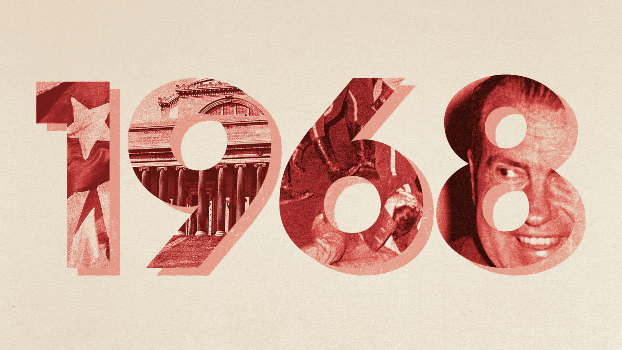  Photo collage of the number 1986 in a blocky, vintage font. Each digit is overlayed with a red-tinted photo: the flag of Vietnam, the university of Columbia, a photo of police brutalising a student protester, and the smiling face of Richard Nixon. 