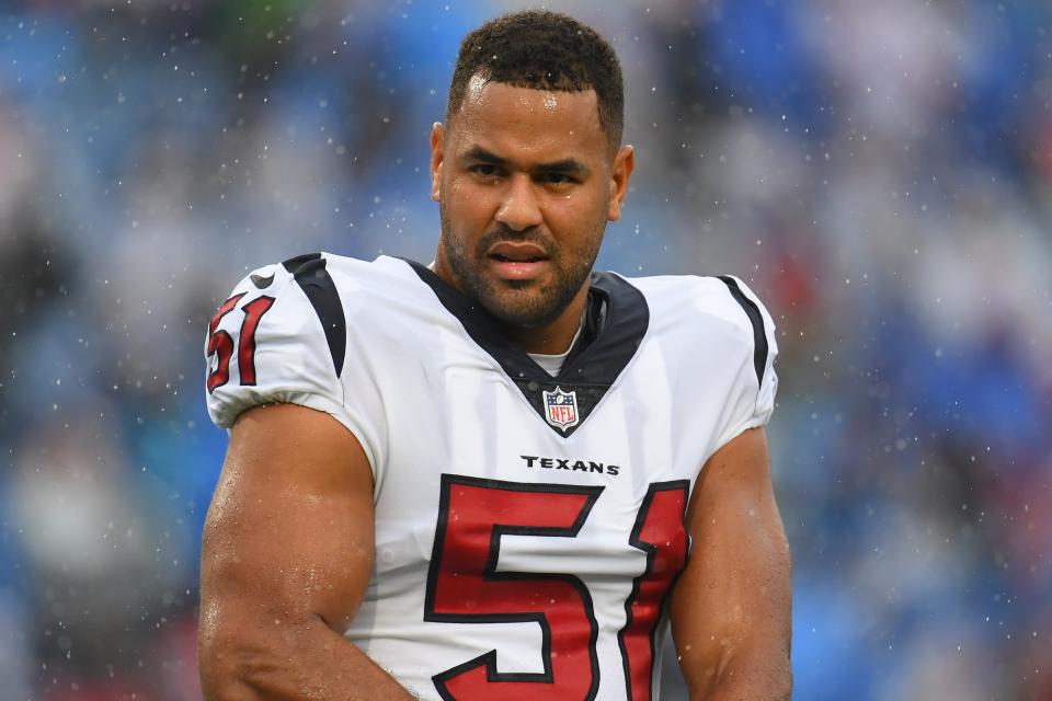 Oct 3, 2021; Orchard Park, New York, USA; Houston Texans outside linebacker Kamu Grugier-Hill (51) prior to the game against the Buffalo Bills at Highmark Stadium.