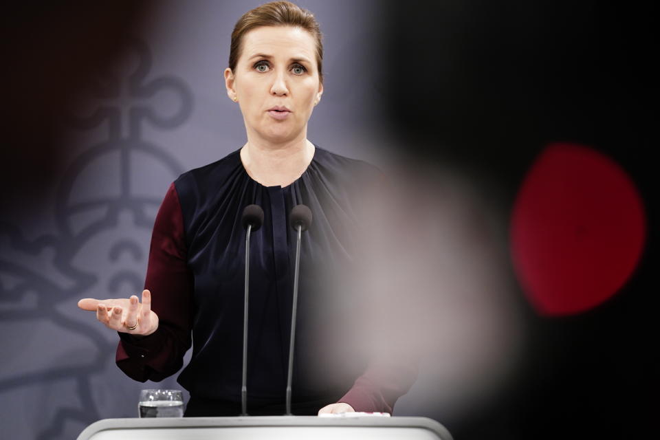 Denmark's Prime Minister Mette Frederiksen, speaks, during a coronavirus press conference, in Copenhagen, Denmark, Wednesday Jan. 26, 2022. (Mads Claus Rasmussen/Ritzau Scanpix via AP)