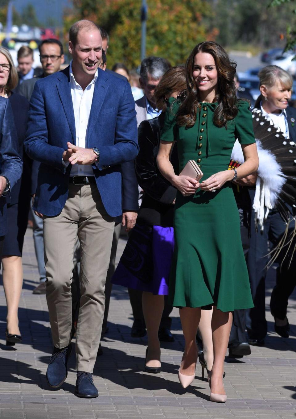 <p>Duchess Kate wore a green Dolce & Gabbana dress while visiting Kelowna, British Columbia.</p>