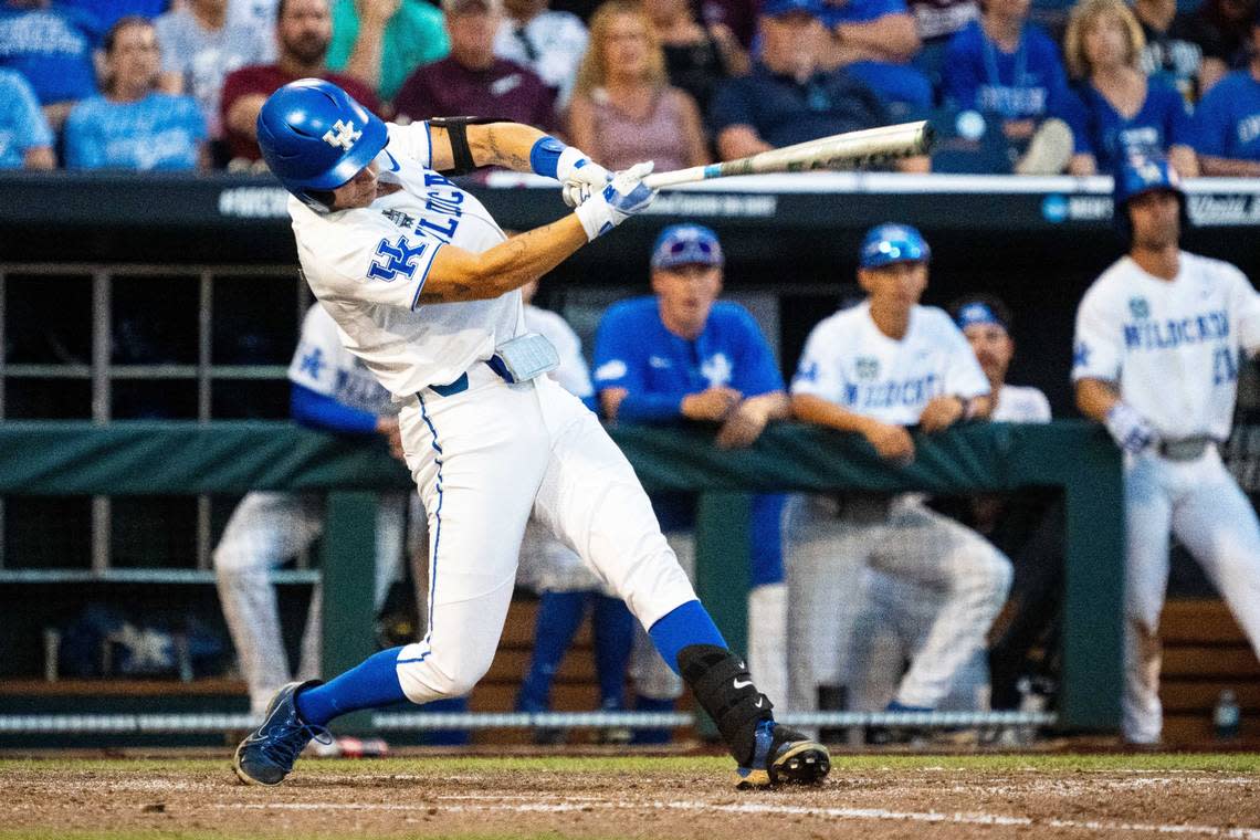 Kentucky’s Patrick Herrera strikes out against Texas A&M during the seventh inning Monday at Charles Schwab Field in Omaha, Nebraska.