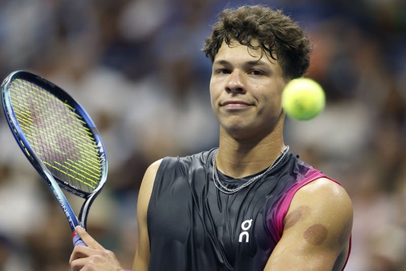 No. 14 Ben Shelton (pictured) of the United States could face No. 1 Jannik Sinner of Italy as soon as the fourth round at Wimbledon 2024. File Photo by John Angelillo/UPI