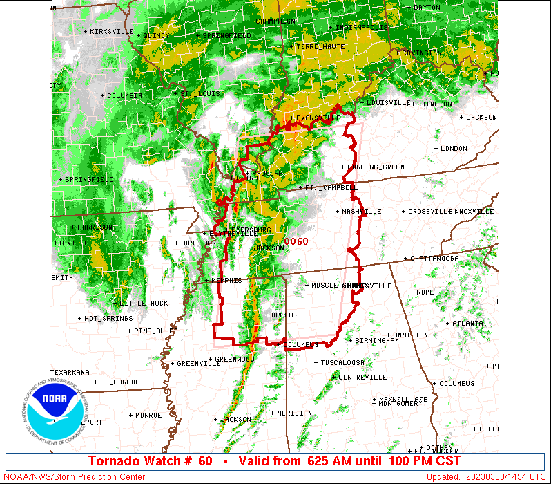 A tornado watch was issued for parts of several states on Friday, March 3, 2023.