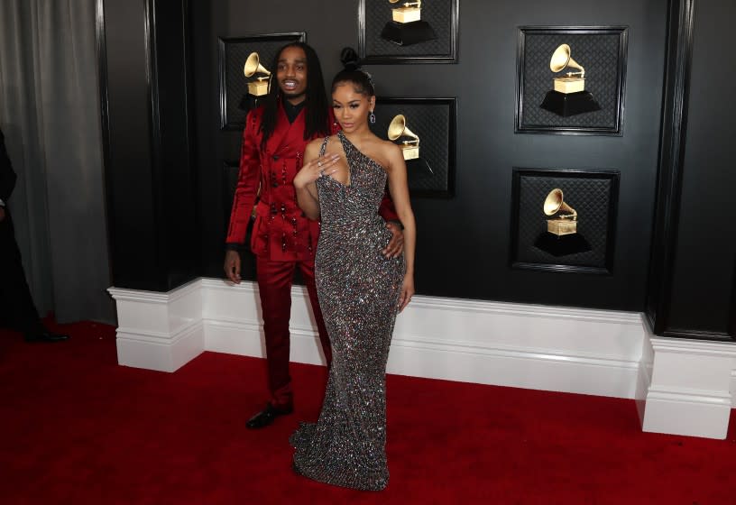LOS ANGELES, CA - January 26, 2020: Quavo and Saweetie arriving at the 62nd GRAMMY Awards at STAPLES Center in Los Angeles