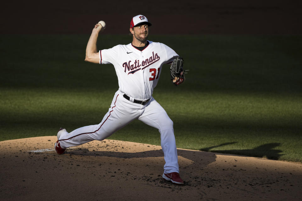 WASHINGTON, DC - JULY 18: Max Scherzer #31 of the Washington Nationals pitches against the Philadelphia Phillies during the second inning at Nationals Park on July 18, 2020 in Washington, DC. (Photo by Scott Taetsch/Getty Images)