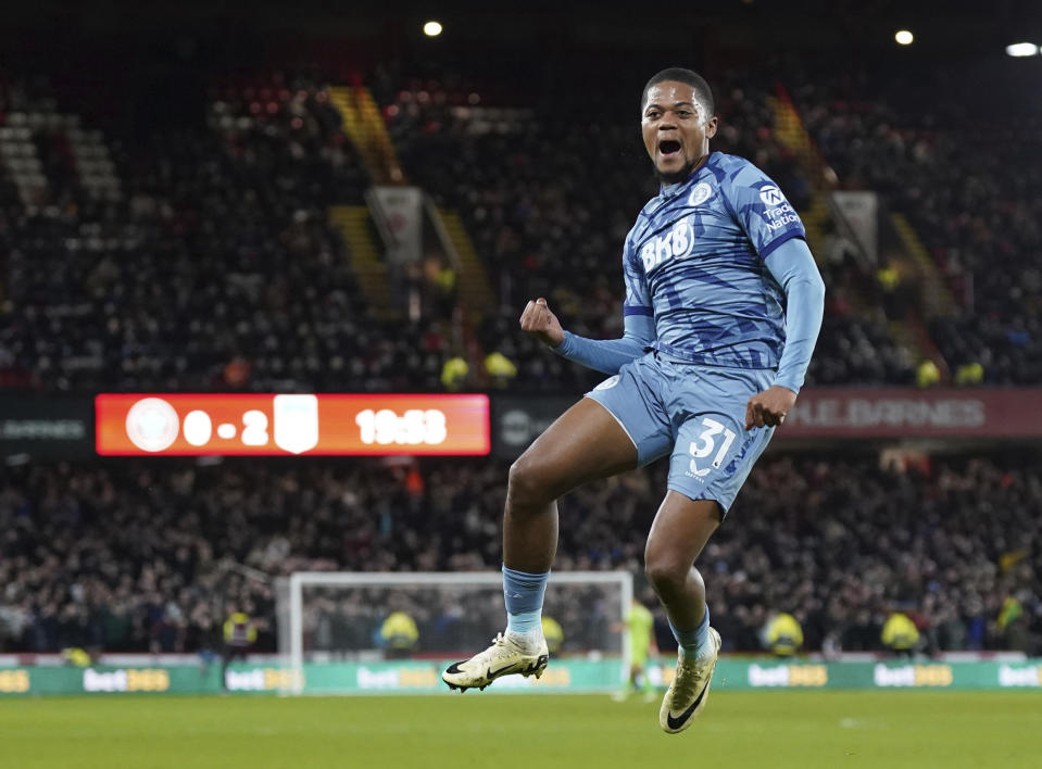 Aston Villa's Leon Bailey celebrates scoring his side's third goal during the English Premier League soccer match between Sheffield United and Aston Villa at the Bramall Lane stadium in Sheffield, England, Saturday, Feb. 3, 2024. (Bradley Collyer/PA via AP)