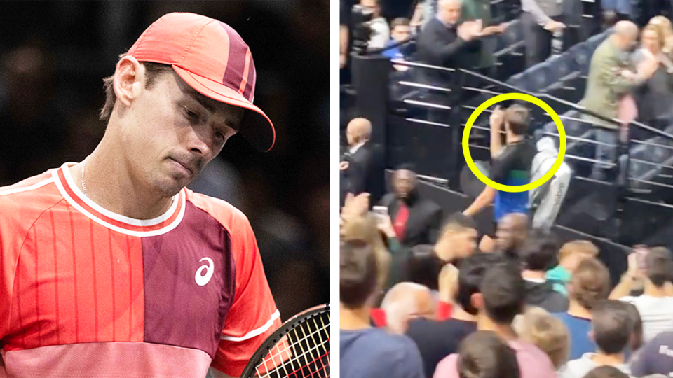 Alex de Minaur reacts and Daniil Medvedev gestures after a loss.