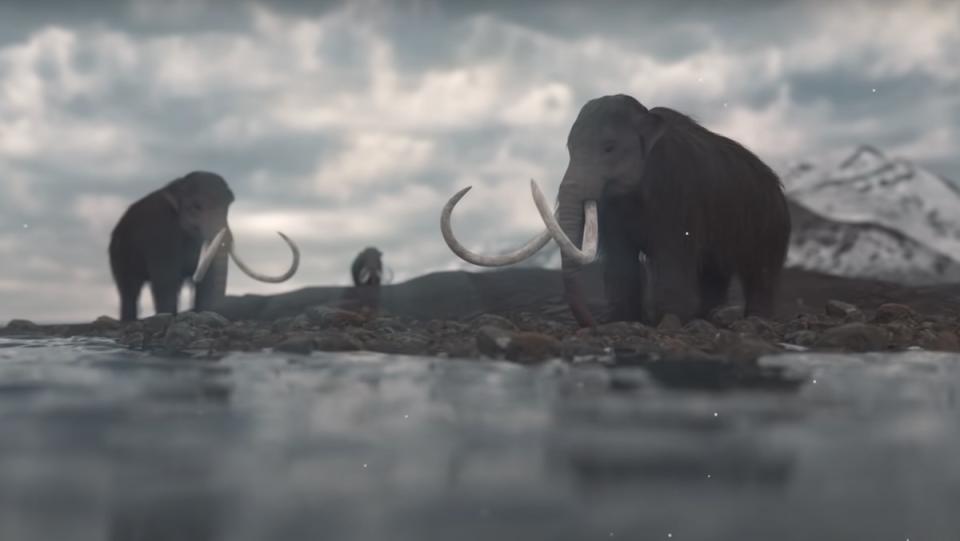 Rendering of three woolly mammoths near water not far from an icy mountain