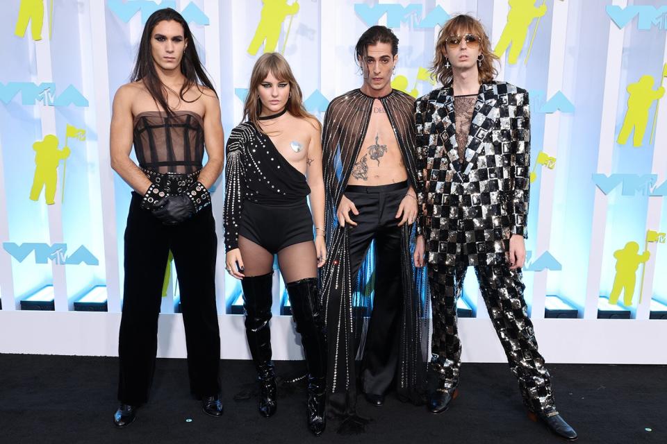 Ethan Torchio, Victoria De Angelis, Thomas Raggi and Damiano David of Maneskin attend the 2022 MTV VMAs