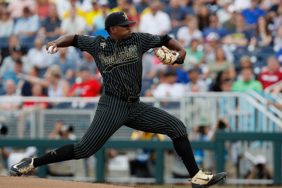 Game 2: Vanderbilt Commodores starting pitcher Kumar Rocker throws during the first inning.