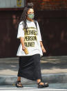 <p>Tessa Thompson wears a bejeweled face mask while out on Wednesday in N.Y.C.</p>