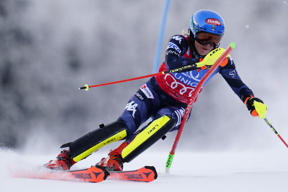 United States' Mikaela Shiffrin speeds down the course during an alpine ski, women's World Cup slalom, in Spindleruv Mlyn, Czech Republic, Sunday, Jan. 29, 2023. (AP Photo/Piermarco Tacca)