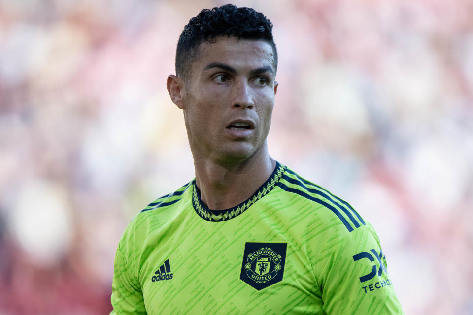 BRENTFORD, ENGLAND - AUGUST 13: Cristiano Ronaldo of Manchester United looks on during the Premier League match between Brentford FC and Manchester United at Brentford Community Stadium on August 13, 2022 in Brentford, United Kingdom. (Photo by Sebastian Frej/MB Media/Getty Images)