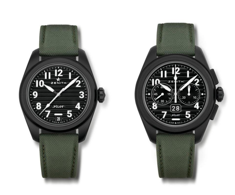 ZENITH全新設計的Pilot Collection飛行錶黑陶瓷材質款，共有大三針、大日曆飛返計時兩種功能，定價約NT$319,600（大三針）；NT$450,800（大日曆飛返計時）。