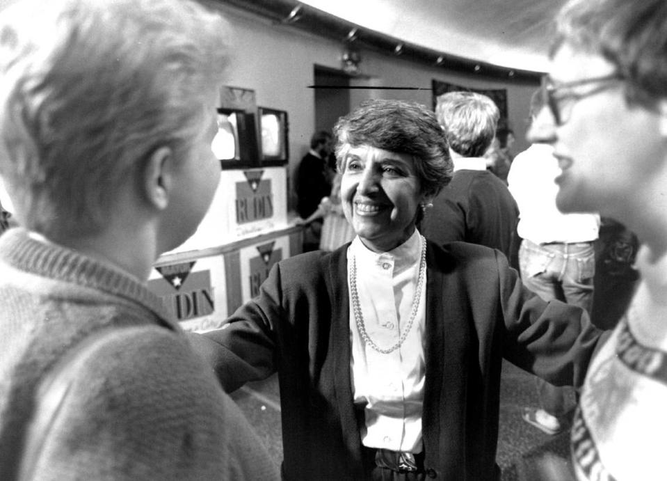Mayor Anne Rudin speaks with well-wishers at her election night party on Wednesday, Nov. 4, 1987. The mayor won a second term with a comfortable margin over challenger Brian Van Camp.