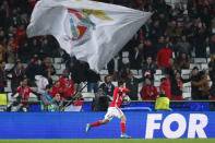 Benfica's Franco Cervi celebrates after scoring the opening goal during the Champions League group G soccer match between Benfica and Zenit St. Petersburg at the Luz stadium in Lisbon, Tuesday, Dec. 10, 2019. (AP Photo/Armando Franca)