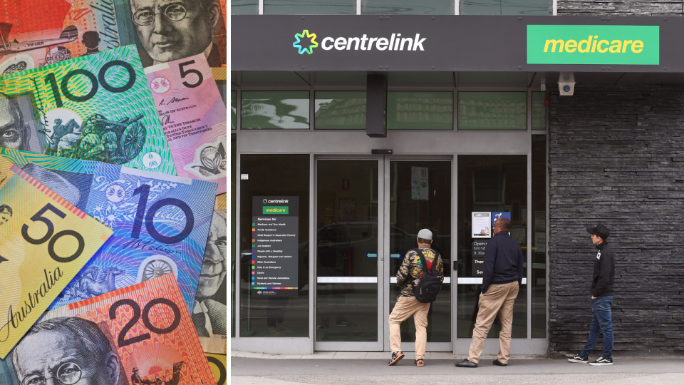 Australian money. Centrelink building with people waiting outside.