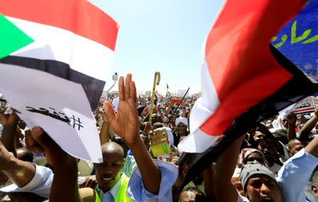 Supporters of Sudan's President Omar al-Bashir wave their national flags as they chant slogans to his favour during a rally at the Green Square in Khartoum, Sudan January 9, 2019. REUTERS/Mohamed Nureldin Abdallah