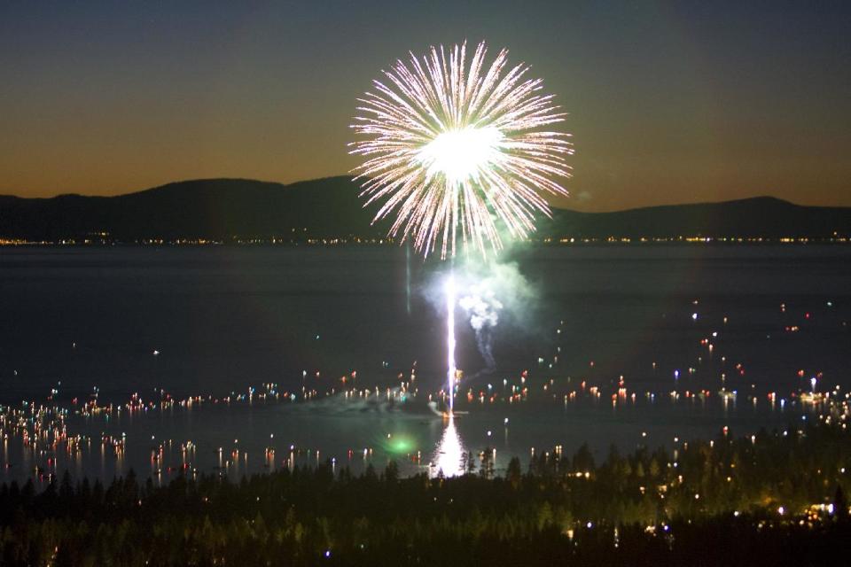 In this July 2007 photo, fireworks exploding over Lake Tahoe are seen from Heavenly Mountain Resort. A federal lawsuit accusing the Lake Tahoe Visitors Authority of polluting the alpine lake with debris from Fourth of July and Labor Day fireworks says the authority and its contractor should be subject to up to $75 million in fines for thousands of violations of the Clean Water Act over the past five years. (AP Photo/The Tahoe Daily Tribune, Jonah M. Kessel)