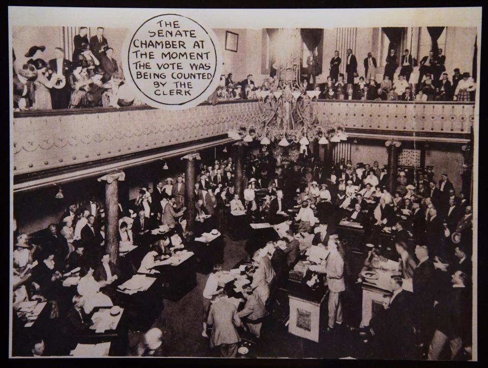 Women's Suffrage Ratification in the Tennessee Senate Chamber, 1920, Library Collection. This photograph from the "Ratification Issue" of the Nashville Tennessean, Sunday morning, August 29, 1920, depicts the Senate chamber at the moment that the clerk counted the historic vote on women's suffrage. Women flood the gallery and floor as the clerk counts the votes. Young Sen. Harry T. Burn from McMinn County cast the deciding vote for the 19th Amendment. With this vote, Tennessee became the 36th and deciding state to approve the 19th Amendment to the U.S. Constitution, granting women the right to vote.