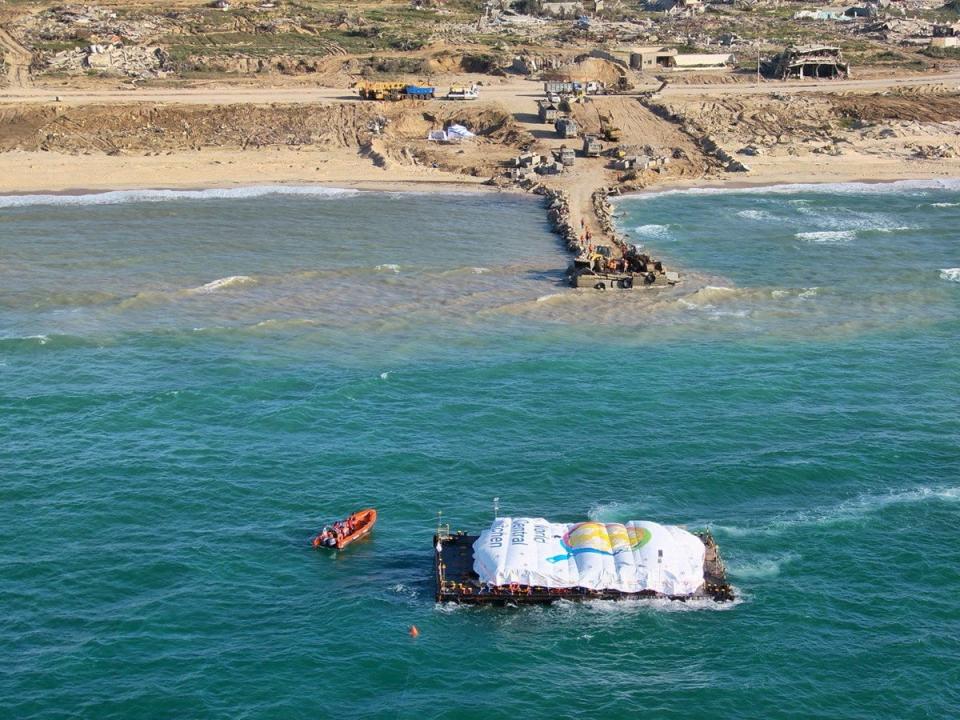 Some food aid from the joint Spanish/US sea mission is docked in Gaza yesterday (Reuters)