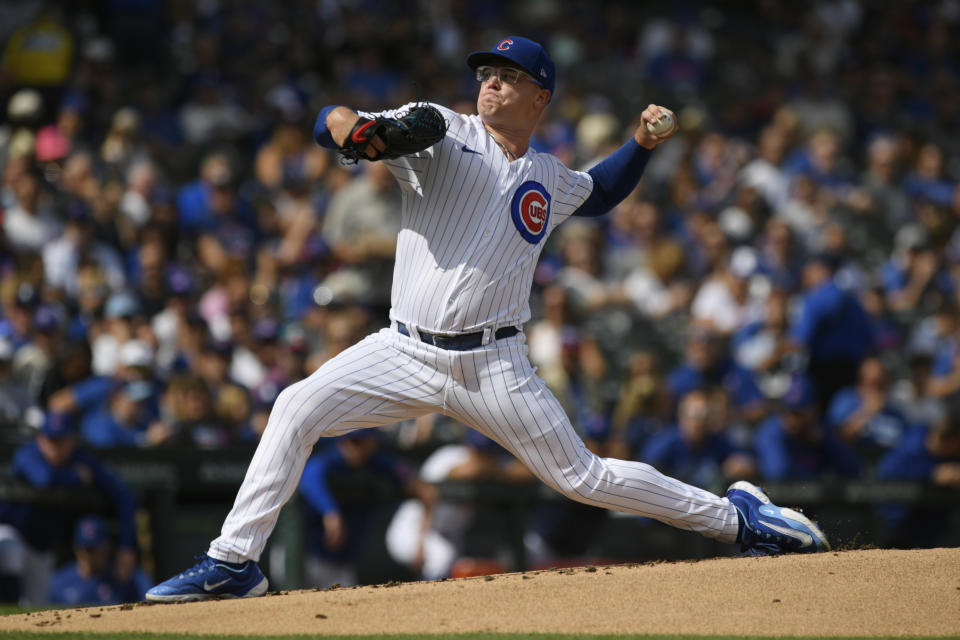 Chicago Cubs starter Jordan Wicks delivers a pitch during the first inning of a baseball game against the Colorado Rockies, Sunday, Sept. 24, 2023, in Chicago. (AP Photo/Paul Beaty)