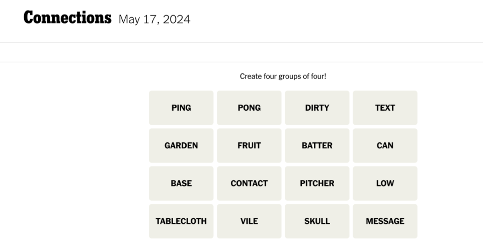 <em>Today's NYT Connections puzzle for Friday, May 17</em><em>, 2024</em><p>New York Times</p>