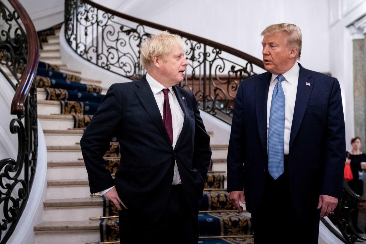 US President Donald Trump (R) and Britain's Prime Minister Boris Johnson speak before a working breakfast at the G7 Summit in Biarritz, France on August 25, 2019, on the second day of the annual G7 Summit attended by the leaders of the world's seven richest democracies, Britain, Canada, France, Germany, Italy, Japan and the United States. (Photo by Erin Schaff / POOL / AFP)        (Photo credit should read ERIN SCHAFF/AFP/Getty Images)