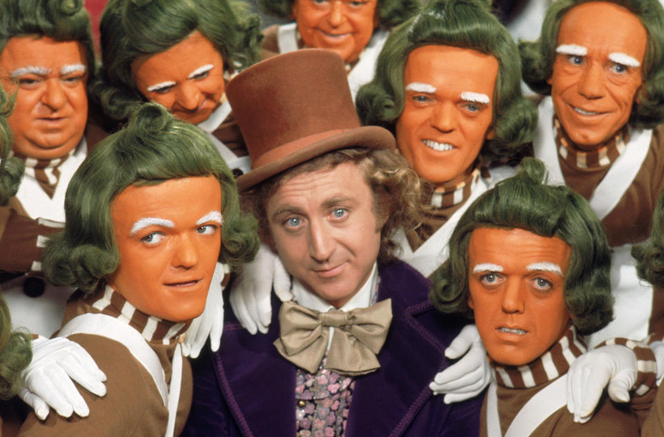 Gene Wilder with the Oompa Loompas in Willy Wonka and the Chocolate Factory