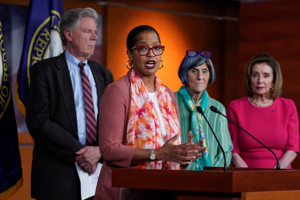 Rep. Jahana Hayes, D-Conn., chair of the House Subcommittee on Nutrition, joined from left by House Energy and Commerce Chairman Frank Pallone, D-N.J., Rep. Rosa DeLauro, D-Conn., the House Appropriations Committee chair, and Speaker of the House Nancy Pelosi, D-Calif., talks to reporters as House Democrats unveil a $28 million emergency spending bill to address the shortage of infant formula in the United States, at the Capitol in Washington, Tuesday, May 17, 2022. (AP Photo/J. Scott Applewhite)