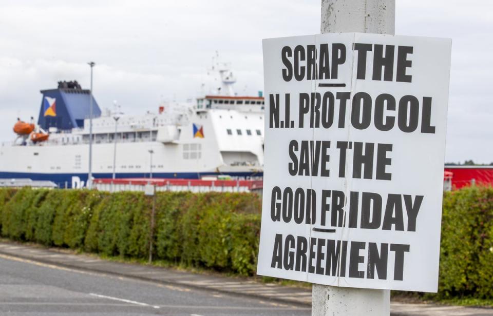 An anti-Northern Ireland Protocol sign close to Larne Port (Liam McBurney/PA) (PA Wire)