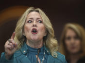 Florida Association of Managing Entities CEO Natalie Kelly speaks Wednesday, Feb. 8, 2023 during Florida Behavioral Health Day at the Capitol in Tallahassee, Fla. (AP Photo/Phil Sears)