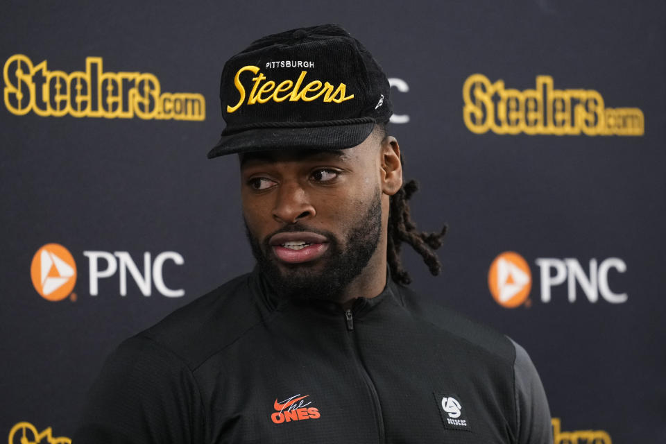 Pittsburgh Steelers running back Najee Harris speaks to reporters following an NFL football game against the Baltimore Ravens, Saturday, Jan. 6, 2024 in Baltimore. The Steelers won 17-10. (AP Photo/Matt Rourke)