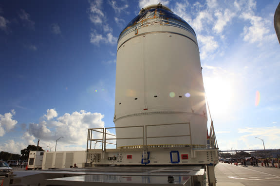 NASA's first Orion spacecraft and service module stack made a 20 minute trip from the Neil Armstrong Operations and Checkout Building at NASA’s Kennedy Space Center in Florida on Sept. 11, 2014, to the Payload Hazardous Servicing Facility. The