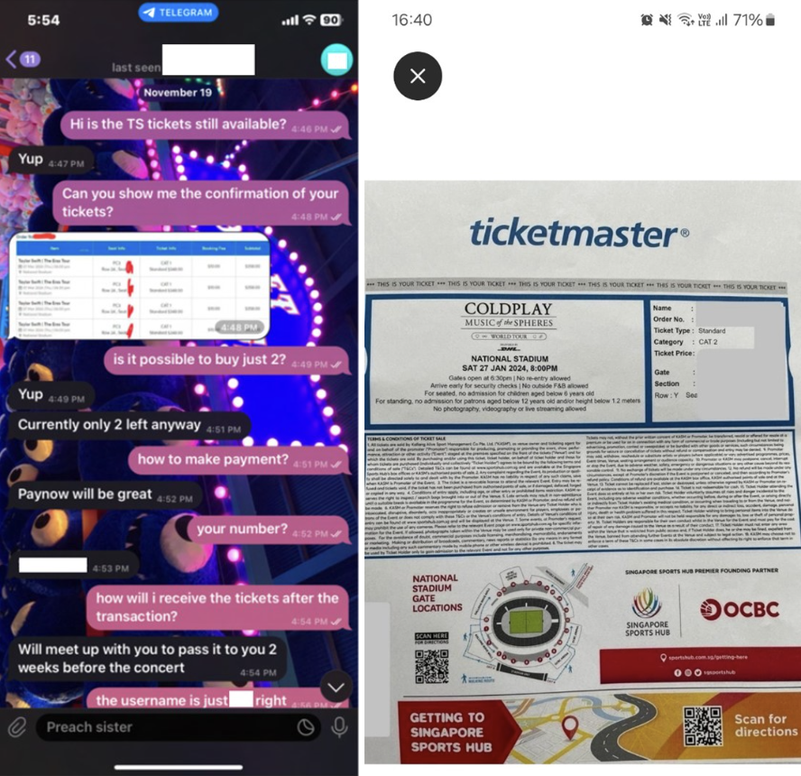 Example of a conversation between scammer and victim on Telegram (left) and 
example of fake proof of concert ticket bought from Carousell (Photos: Singapore Police Force)