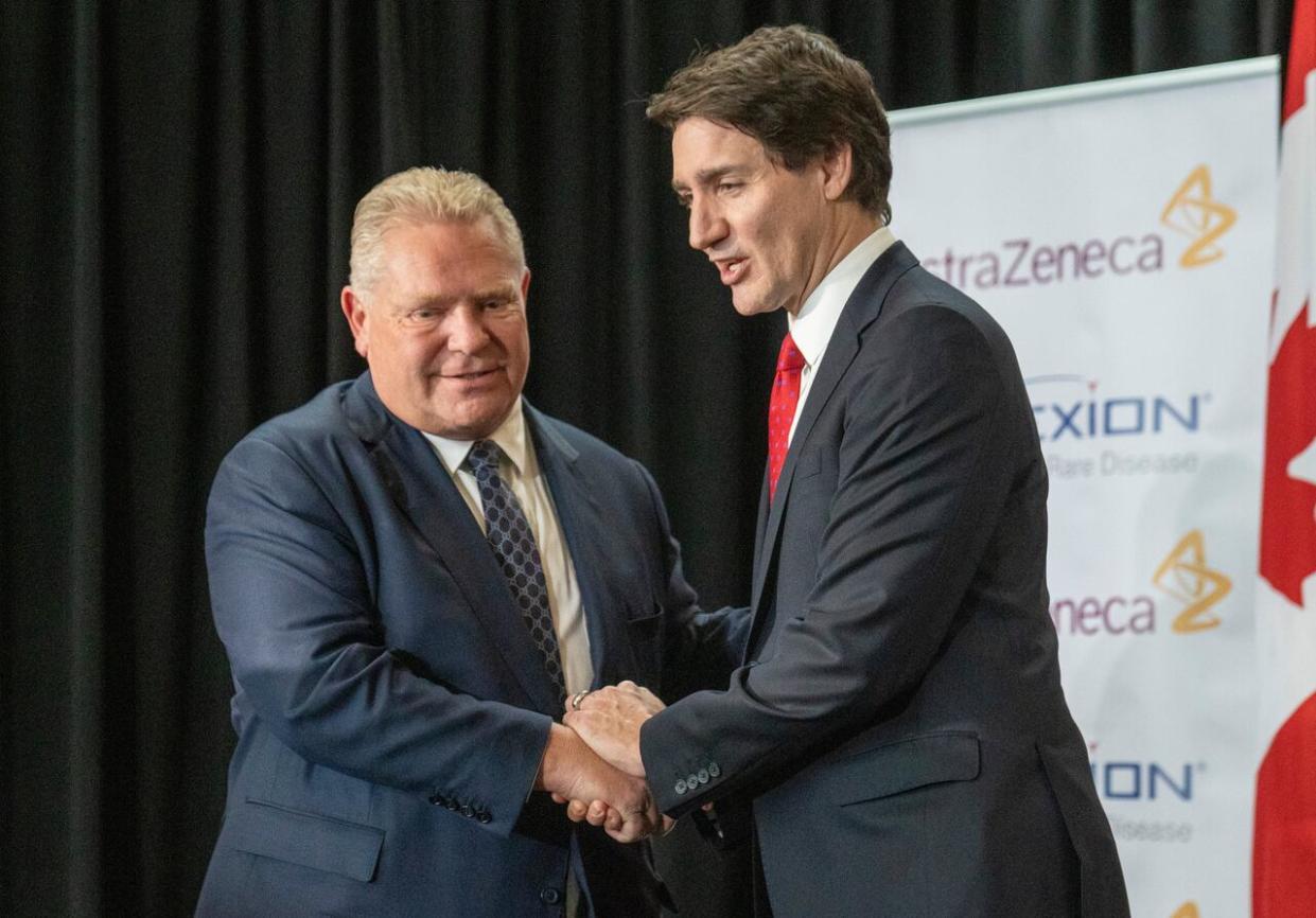 Prime Minister Justin Trudeau and Ontario Premier Doug Ford said Friday the $3.1 billion over three years will be spent in part on creating more primary care teams in the province. (Frank Gunn/The Canadian Press - image credit)