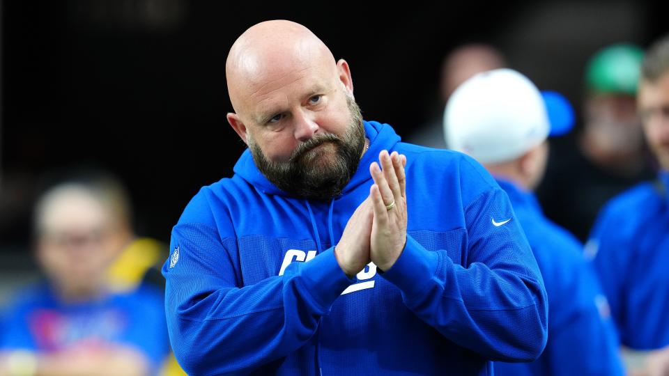 Nov 5, 2023; Paradise, Nevada, USA; New York Giants head coach Brian Daboll takes the field before the start of a game against the Las Vegas Raiders at Allegiant Stadium. Mandatory Credit: Stephen R. Sylvanie-USA TODAY Sports