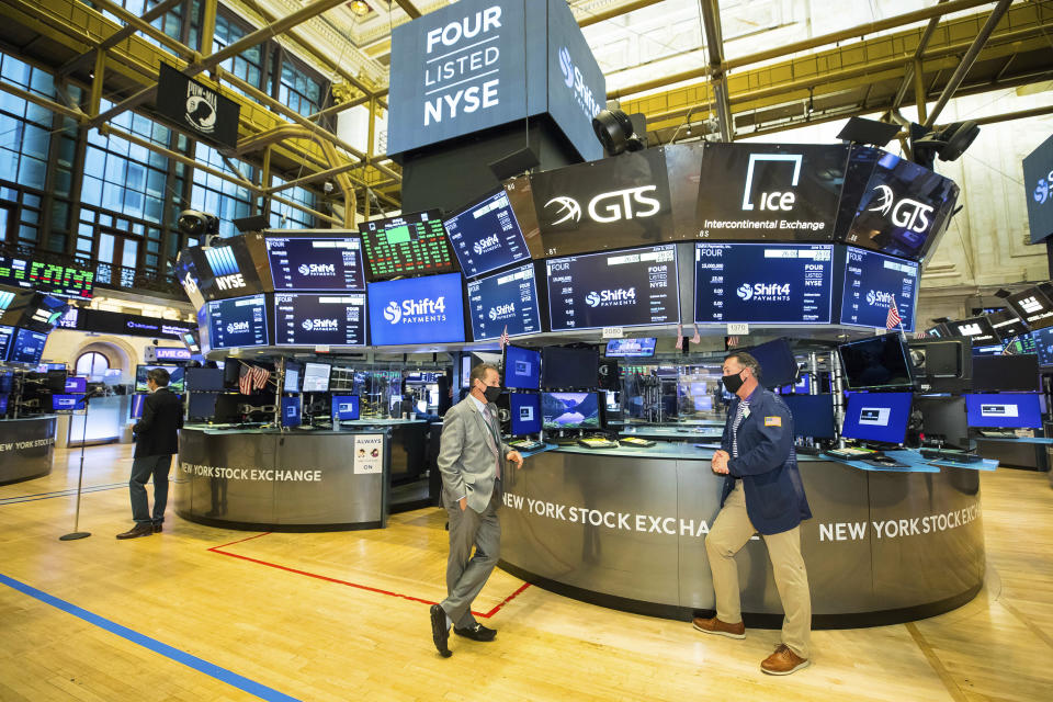 IMAGE DISTRIBUTED FOR THE NEW YORK STOCK EXCHANGE - The New York Stock Exchange welcomes Shift4 Payments, Inc. (NYSE: FOUR) in celebration of its IP on Friday, June 5, 2020, in New York.  (New York Stock Exchange via AP Images)